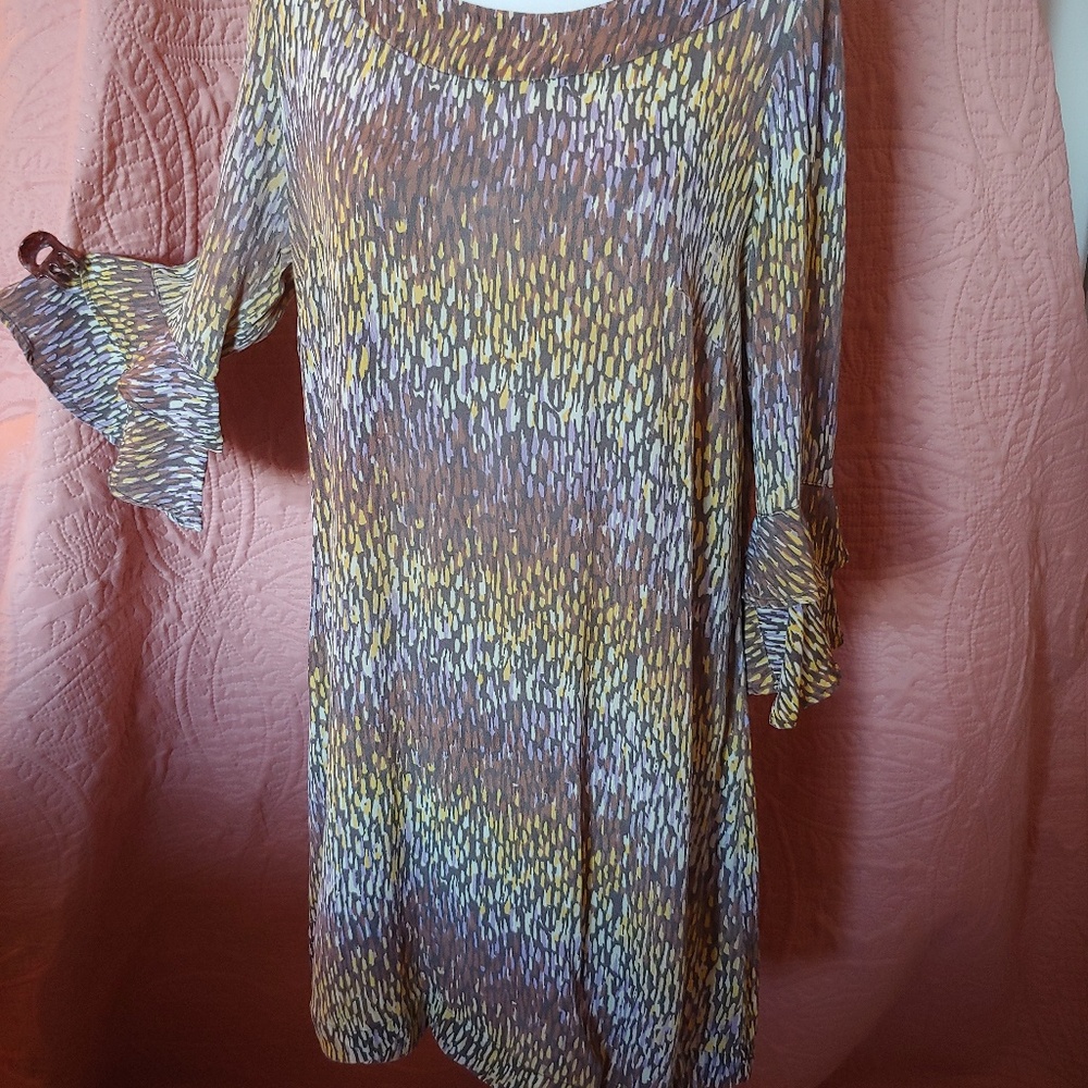 70s inspired trumpet sleeve dress